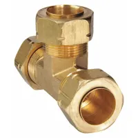Brass compression tee fitting for connecting three tubes of equal outer diameter in fluid systems. Self-aligning design accommodates minor misalignment during installation. Suitable for pneumatic, hydraulic, and instrumentation applications requiring leak-free connections. Supplied in a 6-pack