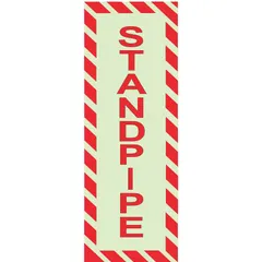 Non-reflective, glow-in-the-dark adhesive label for standpipe identification. Absorbs ambient light and emits glow in low-light conditions, aiding visibility during power outages. Suitable for marking fire standpipe connections in commercial and industrial buildings.
