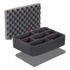Set of two divider foam inserts with steel U-pin construction, each measuring 33 1/4 x 12 1/4 in with 1/2 in foam thickness. Used to organize and cushion equipment inside protective cases during transport and storage.