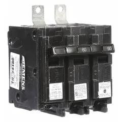This Siemens B Series miniature circuit breaker is rated 60 A at 120/240V AC, single-phase, 2-pole, with a shunt trip for remote tripping capability. It features a bolt-on connection and a maximum AIR rating of 10 kA at 120/240V AC. Designed for use with Siemens P1 panelboards, it provides overcurrent protection in electrical distribution systems.
