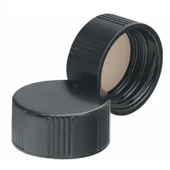 Black phenolic screw cap with rubber liner, featuring a 20-400 mm screw closure size. Autoclavable for sterile applications. Suitable for sealing laboratory bottles and industrial containers.