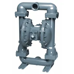2 in NPT connection, 200 gpm capacity. PTFE valve, seats, and check valves. PTFE diaphragm with Santoprene backing. Suitable for transferring fluids in industrial applications requiring corrosion resistance.