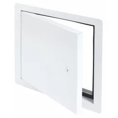 This locking access door is constructed of aluminum with a powder-coated finish. It features a piano hinge and exposed flange, designed for ceiling mounting. Typical applications include providing secure access to HVAC components, plumbing valves, or electrical junction boxes in commercial or industrial settings.