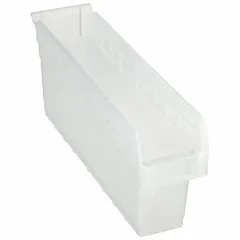 Clear plastic shelf bin with overall length of 17 7/8 inches and dimensions of 4 3/8 in x 8 in. Nesting capable for space-saving storage when not in use. Suitable for organizing small parts, components, and hardware in industrial, workshop, and retail settings.