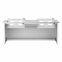 This 72-inch wide computer desk features a white steel frame and a white metal desktop. It includes a modesty panel for a clean appearance. Suitable for office or home workstations, it provides a stable surface for monitors, keyboards, and paperwork