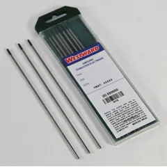 Pure tungsten electrode, AWS classification EWP, green color code. Designed for AC welding current. 0.04 in diameter, 7 in length. Pack of 10.