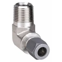 Stainless steel flareless bite-type compression fitting elbow from the Ferulok series. Features 1/8-27 thread size. Used to connect tubing to threaded ports in high-pressure fluid systems requiring leak-free metal-to-metal sealing