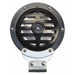 Electric-powered horn designed for material handling equipment. Operates on 24-48V DC and produces a maximum sound level of 115 dBA. Features a black painted finish and includes a mounting bracket for installation.