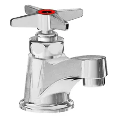 Cast brass construction with polished chrome finish. Single-post handle design for bathroom sinks. Flow rate of 1 gpm. Includes mounting hardware.