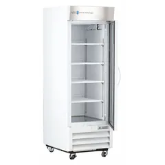 This upright lab refrigerator provides 23 cu ft of storage capacity with a temperature range of 2°C to 7°C, suitable for preserving temperature-sensitive materials. It features a right-opening swing glass door, a temperature alarm, and uses R-290 refrigerant. Overall depth is 34 3/4 inches. Color is white.