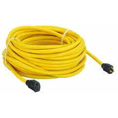 This 100 ft outdoor extension cord features a single outlet with a NEMA 5-15P plug and 10/3 SJTW construction. Rated for 125V AC and temperatures from -40° to 167°F, the yellow jacket provides visibility. Suitable for powering tools, equipment, or lighting in outdoor workspaces, job sites, and events.