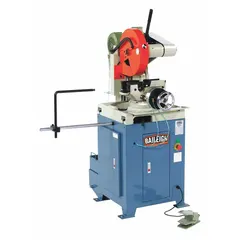Semi-automatic high speed cold saw for cutting ferrous and non-ferrous metals. Features a 14 in (356 mm) blade diameter and operates on 220V AC. Designed for precise, burr-free cuts in fabrication and metalworking applications.