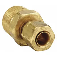 Brass compression fitting adapter with self-aligning design, connecting 3/16 in OD tubing to 1/8 in male NPT threads. Suitable for joining tube to pipe in fluid systems. Pack of 50