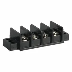 This 4-pole surface mount barrier strip accepts wire sizes from 22 AWG to 10 AWG and is rated for 30 A maximum current. It is used for securing and organizing electrical connections in control panels, junction boxes, and other surface-mount applications. Cover is not included.
