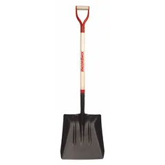 Standard scoop shovel with a #4 steel blade measuring 14-1/2 inches wide and 15-1/2 inches long. Designed for general material handling tasks such as moving coal, gravel, or street debris in industrial, municipal, and construction settings.