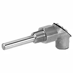 Immersion temperature sensor with standard metal housing for surface-mount installation. Provides analog 1k ohm Platinum 375 A signal with ±0.54°F accuracy over 0°F to 250°F range. Hardwired connection, compatible with Modbus building automation protocols. Used for measuring liquid or gas temperatures in pipes or tanks within HVAC systems.