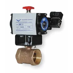 This bronze general-service pneumatic butterfly valve is designed for flow control of corrosive chemicals and salt water media. It features a stainless steel disc for corrosion resistance. The valve is pneumatically actuated and does not include a pilot solenoid, requiring an external solenoid for operation.