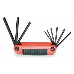 This folding hex key set contains five SAE standard-end short keys with a black oxide finish. The fold-up design allows compact storage and quick access for tightening or loosening hex socket screws and bolts in mechanical assembly, maintenance, and repair tasks.