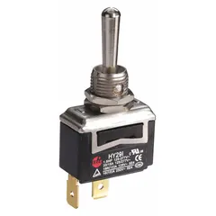 Panel-mount SPST toggle switch with momentary on/off function. Features quick connect tab terminals and two connections. Rated 15 A at 277 V AC and 1-1/2 hp. Suitable for industrial control panels, machinery, and lighting circuits requiring momentary contact switching.