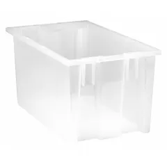 Plastic stacking and nesting tote with 5.7-gallon capacity. External dimensions 18 in x 11 in x 9 in. Clear color. Nesting capable for space-saving storage when empty. Suitable for organizing and transporting parts, components, or inventory in warehouses, distribution centers, and manufacturing facilities.