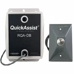 UHF License Required call box for two-way radio systems. Gray/silver unit includes an externally mounted push-button assembly with 36 inches of wire for remote activation. Supports one radio channel. Used in industrial or public-safety settings to summon assistance or signal an alert.