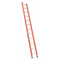 This 12 ft fiberglass straight ladder is non-conductive for electrical safety. It has a 300 lb load capacity, swivel safety shoes, and mar-resistant end caps. Suitable for industrial access tasks such as construction, maintenance, and utility work.