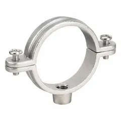 Split-ring conduit hanger clamp for supporting rigid metal conduit (RMC) in electrical installations. Made from 316 stainless steel with a polished finish. Trade size 1-1/2 in.