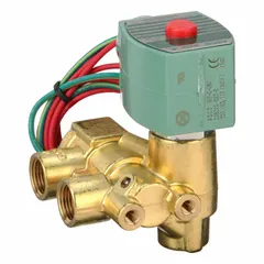 This 3-way/2-position solenoid valve is normally closed with quick exhaust, designed for pneumatic control applications. It features a 3/8 in pipe size, operates on 120V AC (110V AC), and has a watertight coil enclosure suitable for washdown or outdoor environments.