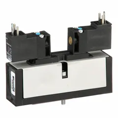 Four-way, three-position directional control valve with double solenoid and open center configuration. Operates on 24V DC with internal pilot and solenoid return. Suitable for directing compressed air in industrial automation, packaging, and material handling systems.