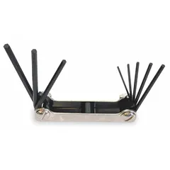 This folding key set contains five SAE short hex keys with standard ends, finished in black oxide. The fold-up design allows compact storage and quick access for turning hex socket fasteners in maintenance, assembly, and repair tasks, particularly in confined spaces.
