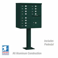 Horizontal multi-unit mailbox with 13 lockable front-access doors. Measures 62 inches high, 30 1/2 inches wide, and 18 inches deep. Designed for pedestal mounting, suitable for centralized mail distribution in multi-tenant residential or commercial settings.