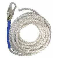 This vertical rope lifeline consists of 100 ft of white polyester rope with a steel snap hook and taped end. Rated for a single worker with a 310 lb capacity, it is used with compatible fall arresters and rope grabs to form a fall protection system for work at height