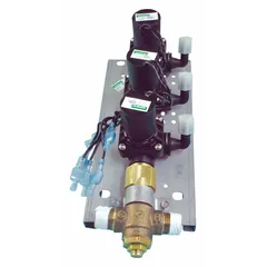 Plastic air control valve for wash fountains. Includes three 24 VAC solenoid valve assemblies. Used to regulate air flow for valve actuation in commercial or institutional washroom applications.