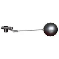 This float valve assembly is designed for automatic water level control in tanks and reservoirs. It features an angle valve body with adjustable arm, mounts on horizontal piping, and includes a rod and float. Inlet is male NPT, outlet is female NPT. Flow rate is 37.5 gpm at 35 psi.