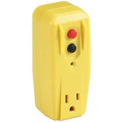 Plug-in ground fault circuit interrupter with auto-reset function. NEMA 5-15P plug and 5-15R receptacle. Rated 15A at 125V AC. Yellow housing. Provides ground fault protection for portable tools, pumps, and temporary power applications.