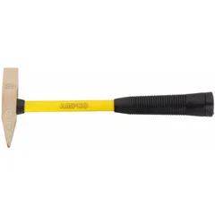 This non-sparking scaling hammer features a 2 lb aluminum bronze head and a fiberglass handle, with a perpendicular head design. It is used for removing scale, rust, and slag from metal surfaces in hazardous environments where spark prevention is critical.