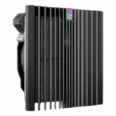 Plastic-housed axial fan with pleated filter, 12 11/16 in height and 6 1/8 in depth. IP56 rated for dust and water jet protection. Used for cooling electrical enclosures and control cabinets in industrial environments.