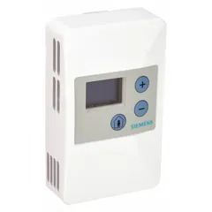 Wall-mount room temperature sensor with digital display and plastic conduit-box housing. Provides 4 to 20 mA or 0 to 10 VDC signal output with ±0.90°F accuracy. Hardwired and compatible with building automation systems via Modbus protocol. Suitable for HVAC control and environmental monitoring in commercial or industrial facilities.