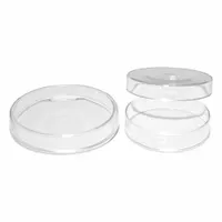 This borosilicate glass Petri dish has a 100 mm diameter and 20 mm overall height. It includes a lid and has no surface treatment. The dish is non-sterile and suitable for general laboratory culture work, sample observation, and media preparation