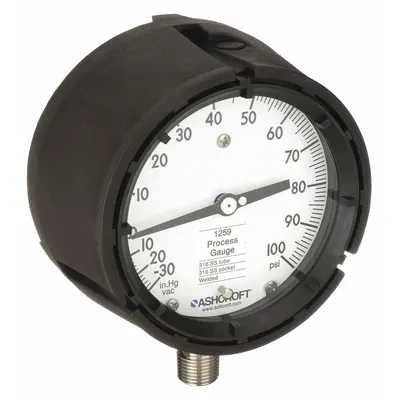 ASHCROFT Process Compound Gauge: 0 psi to 100 psi, White, 4 1/2 in Dial, 1/2 in NPT Male - All-Stainless Steel Wetted Parts & Casing