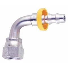 Steel barbed hydraulic hose fitting with JIC female thread on one end and hose barb on the other, for connecting JIC male fittings to hose. Suitable for -6 dash size hose with 3/8 in I.D. Used in hydraulic systems for fluid transfer in industrial machinery and mobile equipment.