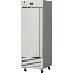 General purpose upright lab refrigerator with 25 cu ft capacity. Maintains 3°C to 8°C temperature range. Solid door with left-hand opening. Features door ajar alarm. Uses R-290 refrigerant. Gray/silver finish. Overall depth 32 1/4 in. Suitable for storage of reagents, media, and biological samples in laboratory settings.