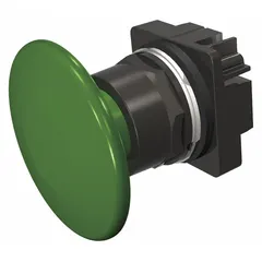 Momentary-action mushroom-head push-button operator from Siemens Series 52. Features a non-metallic push button for corrosion resistance and electrical isolation. Suitable for industrial control panel applications such as machine start, stop, or emergency-stop functions.