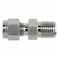 This single-ferrule stainless steel fitting connects 3/8 in OD tubing to a 1/2 in pipe thread, forming a leak-tight seal. It is used in hydraulic, pneumatic, and instrumentation systems where vibration resistance and corrosion protection are required