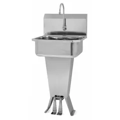 This one-station freestanding hand sink with faucet is constructed of 18-gauge stainless steel. It features a 17-inch bowl length and 7-inch bowl depth, with a flow rate of 2 gpm. Suitable for commercial environments requiring hand-washing stations.