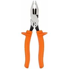 Flat jaw insulated lineman's pliers with 8 3/4 in overall length, 1 3/4 in jaw length, 1 in jaw width, and 1/2 in jaw thickness. Includes wire cutter and ergonomic handles. Suitable for cutting, gripping, and twisting wire in electrical work.