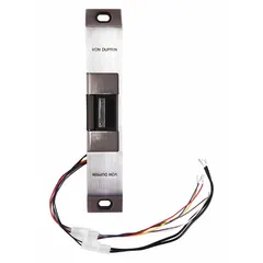 This electric strike is designed for use with cylindrical and mortise locksets in access control systems. It features a stainless steel construction, operates on 24V input voltage, and is rated Performance Duty 1 - Heavy Duty for demanding applications. Typical uses include securing doors in commercial and industrial facilities such as office buildings, warehouses, and restricted areas.