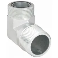 This steel hydraulic hose adapter connects ORS (O-Ring Seal) fittings to NPTF (National Pipe Taper Fuel) threads. The rigid 90° elbow configuration allows routing in confined spaces. It features male x male connections with a 1 1/4 in x 1 1/4 in fitting size