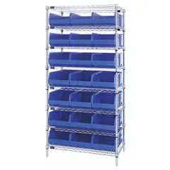 Wire stationary bin shelving unit with open-front bins. Includes 21 blue polypropylene shelf bins (7x11x14 in each) in a silver steel frame. One-sided design for organized storage of small parts and components in warehouses, workshops, and manufacturing facilities.