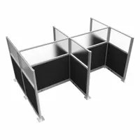 This modular cubicle wall system has an overall height of 72 inches and an overall width of 48 inches by 72 inches. It includes 8 black panels made of polycarbonate with a frosted window style, combining fabric and polycarbonate materials. Suitable for creating workstations or privacy partitions in open-plan environments